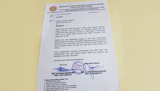 Soal Kesalahan Ibu Kota Israel dalam Buku SD, Ini Kata PGRI Probolinggo