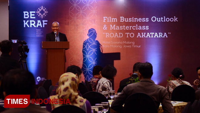 Deputi Akses Permodalan Bekraf, Fadjar Hutomo dalam Film Businessman Outlook & Masterclass road to Akatara di Savana Hotel & Convention. Rabu, 2/5/2018. (FOTO: Tria Adha/TIMES Indonesia)