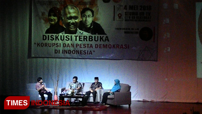 Suasana diskusi terbuka korupsi dan pesta demokrasi bersama Ketua KPK Agus Rahardjo di Universitas Brawijaya (FOTO: Imadudin M/TIMES Indonesia)