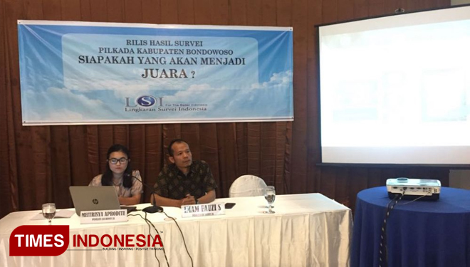 Kordinator LSI Jawa Timur Imam Fauzi Surahmat MAB Saat Menjelaskan Hasil Survei Pilkada Kabupaten Bondowoso (FOTO: Moh Bahri/TIMES Indonesia)
