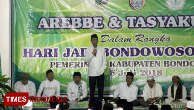 Bupati Bondowoso Amin Said Husni saat sambutan acara tasyakuran Harjabo yang ke 199. (FOTO: Moh Bahri/TIMES Indonesia)