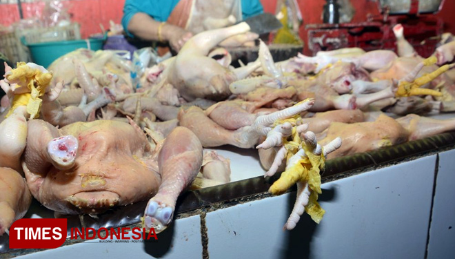Daging ayam di Pasar Sidoharjo sepi pembeli, Selasa, (17/7/2018). (FOTO: Ardiyanto/TIMES Indonesia)