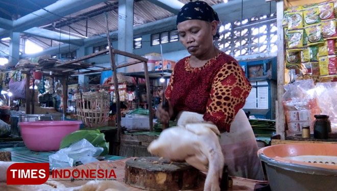 Pedagang daging ayam di Pasar Tanjung, Jember, Jawa Timur. (FOTO; Sofy/TIMES Indonesia)