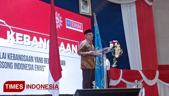 Ketua Umum PP Muhammadiyah Haedar Nashir menyampaikan Pidato Kebangsaan, Minggu (12/8/2018) di Dome UMM. (Foto: Ferry/TIMES Indonesia)