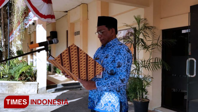 Pidato Kepala BBPP Batu Apri Handono saat upacara bendera memperingati HUT ke-73 Kemerdekaan Republik Indonesia, Jumat (17/8/2018). (FOTO: ajp.TIMES Indonesia)