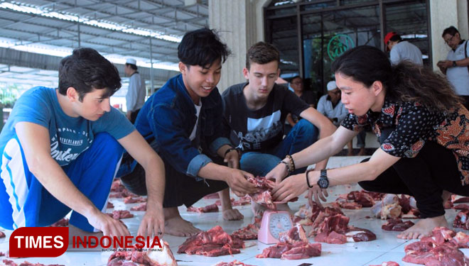 Claudio, Felix, dan Shun Takamatsu membantu proses membungkus daging qurban di Unitomo, Rabu (22/8/2018).(FOTO: Unitomo for TIMES Indonesia)