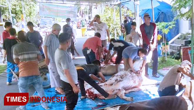 Warga Perumahan BSD di Kelurahan Gunung Elai Bontang, bersama-sama menguliti hewan kurban pada perayaan Idul Adha 2018. (FOTO: Andry Subandono/TIMES Indonesia)