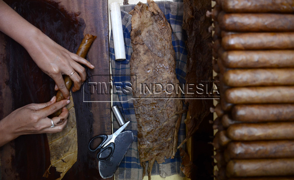 Pekerja melakukan proses pembungkusan cerutu, sebelum memasuki proses kualiti kontrol. (FOTO: Adhitya Hendra/TIMES Indonesia)