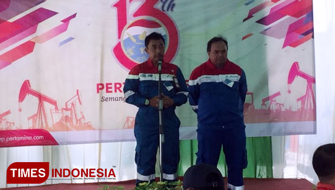 Asset 4 General Manager, Agus Amperianto membetikan sambutan dalam ulang tahun Pertamina EP Aset 4 Sukowati Field di Bojonegoro, Kamis, (13/9/3018). (FOTO: Ali Shodiqin/TIMES Indonesia)