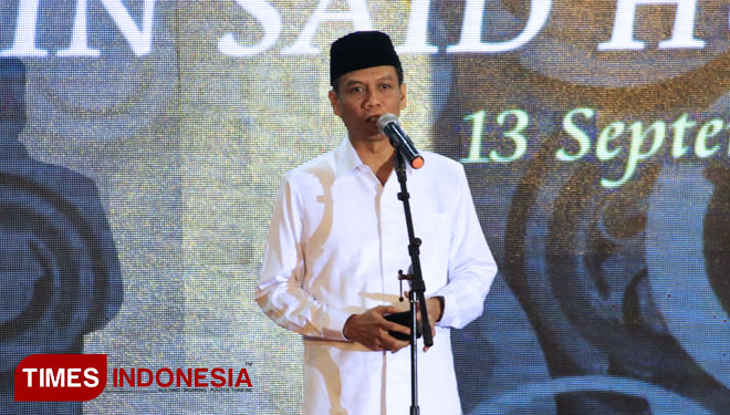 Bupati Bondowoso Drs H Amin Said Husni saat memberikan sambutan dalam Tasyakuran Akhir Masa Bakti Bupati Bondowoso di Pendapa Kabupaten, Kamis (13/9/2018). (FOTO: Tria Adha/TIMES Indonesia)