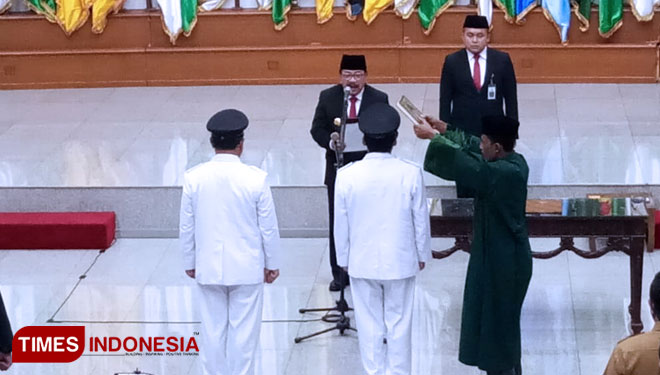 Suasana pelantikan Bupati Tulungagung terpilih, Syahri Mulyo dan wakilnya Maryoto Wibowo  di Gedung Kemendagri, Jakarta Pusat, Selasa (25/9/2018) (FOTO: Hasbullah/TIMES Indonesia)