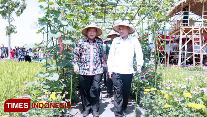 Bupati Lamongan Fadeli bersama Asisten Perekonomian dan Pembangunan Setdaprov Jatim Wachid Wahyudi, di Gelar Teknologi Perlindungan Tanaman se-Jawa Timur di Desa Besur, Kecamatan Sekaran, Selasa, (30/10/2018). (FOTO: MFA Rohmatillah/TIMES Indonesia)