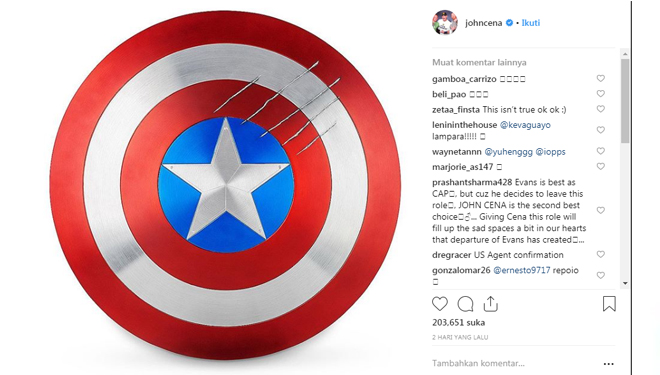 Unggahan foto perisai biru merah 'Captain America' pada akun instagram @johncena. (FOTO: Instagram)