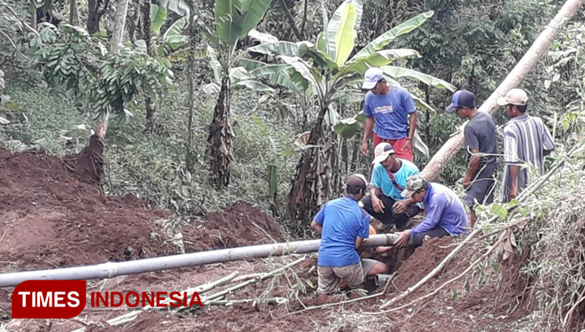 Masyarakat Desa Tambong, Kecamatan Kabat, Banyuwangi, sedang bergotong royong memperbaiki saluran air yang rusak tertimpa longsor. (Foto : Syamsul Arifin/ TIMES Indonesia)