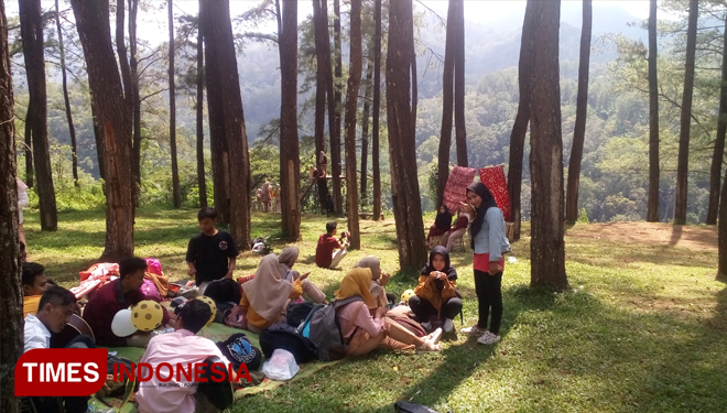 Pengunjung hutan pinus Nongko Ijo, Kabupaten Madiun,  sedang berfoto dan menikmati suasana alam. (Foto:Pamula Yohar. C/TIMES Indonesia)