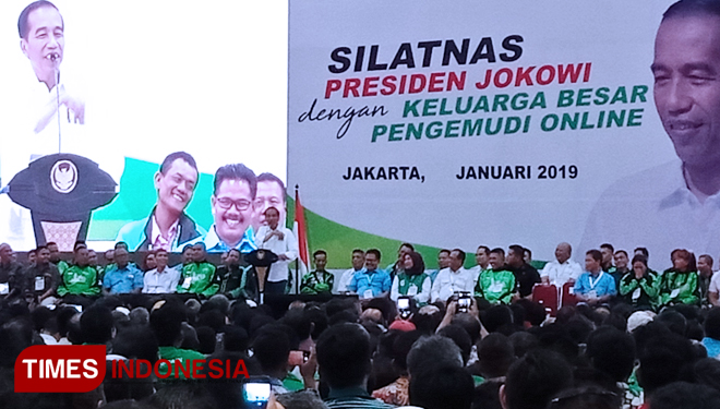 Presiden Republik Indonesia, Joko Widodo (Jokowi) dalam acara silaturahmi bersama keluarga besar pengemudi online di Jiexpo Kemayoran, Jakarta, Sabtu (12/1/2019). (FOTO: Rahmi Yati Abrar/TIMES Indonesia)