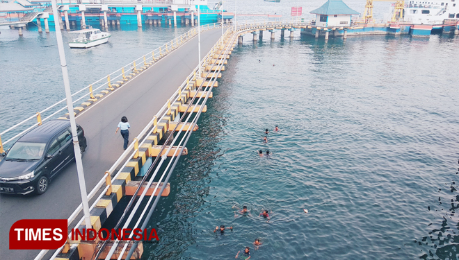 Anak Logam Pelabuhan Ketapang Banyuwangi menyelam untuk mendapatkan uang receh dari penumpang kapal. (FOTO : Agung Sedana/ TIMES Indonesia)