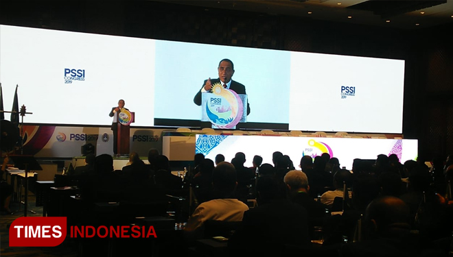 Ketua Umum Persatuan Sepak Bola Seluruh Indonesia (PSSI) Edy Rahmayadi, saat memberikan  sambutannya di Kongres PSSI 2019 di Nusa Dua, Badung, Bali, Minggu (20/1/2019).(FOTO Khadafi/TIMES Indonesia).