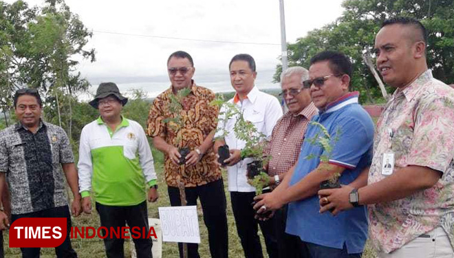 Bupati Sumba Timur Gidion Mbilijora didampingi Kadis DLH Sumba Timur Ida Bagus Putu Punia bersama jajaran Pemda Sumba Timur melaksanakan tanam Sakura (FOTO:Habibudin/TIMES Indonesia)