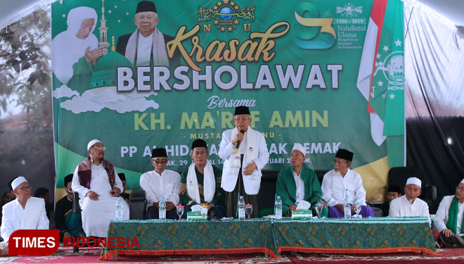 Cawaprws nomor urut 01, KH Ma'ruf Amin di Pesantren Al-Hidayat Krasak, Demak. (FOTO: Monang Sinaga for TIMES Indonesia).