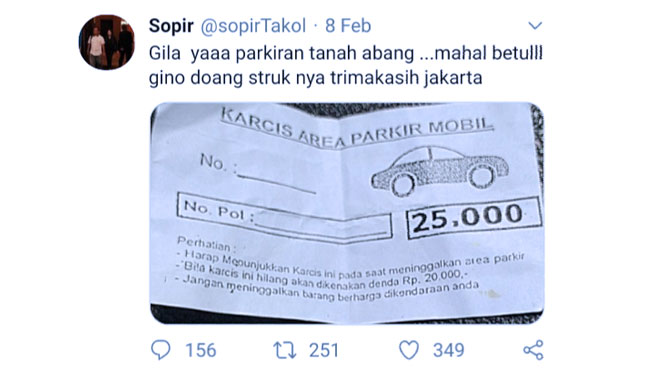 Tarif Parkir Pasar Tanah Abang Dalam Unggahan Akun Twitter @sopirTakol (Dok. Twitter)