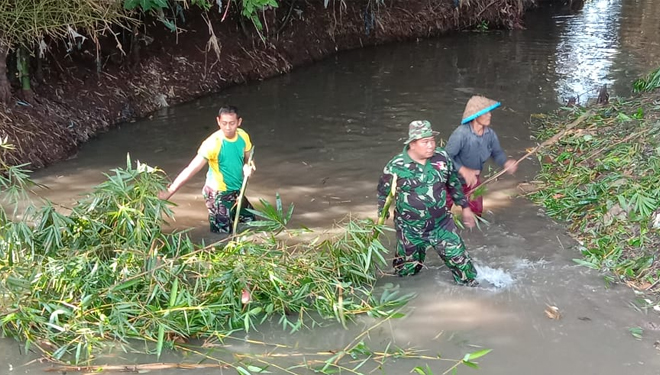 Yonif Raider 515 Kostrad melaksanakan karya Bakti pembersihan aliran Sungai Besuki di Dusun Besuki. (PenremYonif Raider 515 Kostrad)