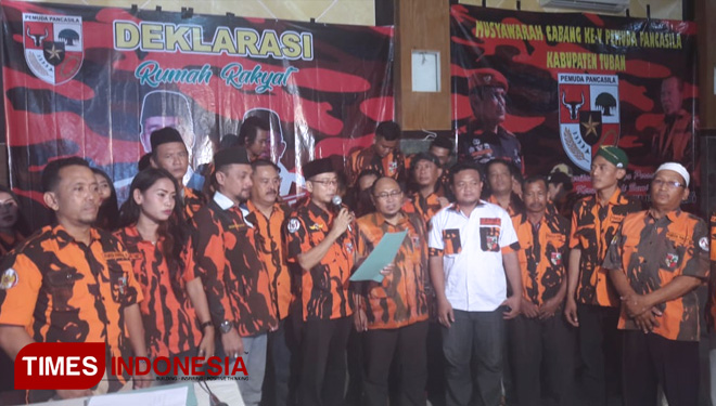 Deklarasi Rumah Rakyat Jokowi-Makruf bersama Ketua Terpilih MPC Pemuda Pancasila Kabupaten Tuban Bumi Wali, The Spirit Of Harmony, Mukaffi Makki, Sabtu (23/02/2019) (FOTO: Safuwan/TIMESIndonesia)