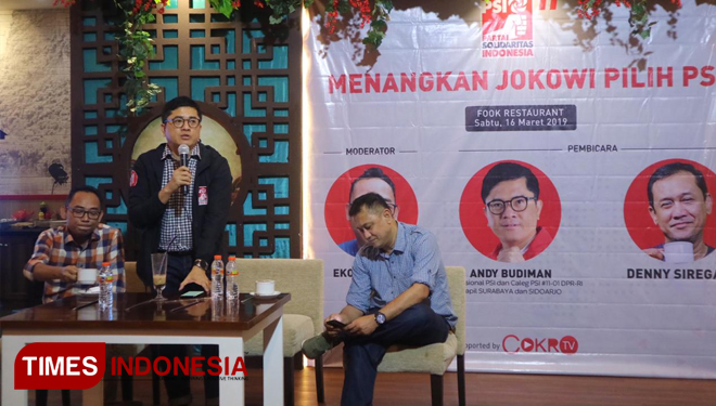 Andy Budiman, Ketua Tim Kampanye PSI, Sabtu (16/3/2019).(Foto : Lely Yuana/TIMES Indonesia)