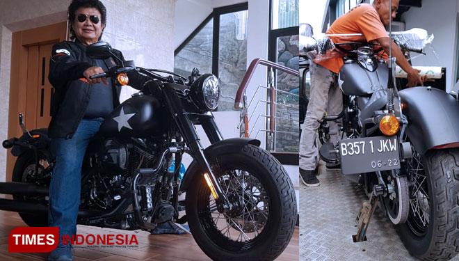 Djaja Laksana menunjukkan motor gedenya  yang sengaja diberi nopol B357 1 JKW atau sepintas bisa dibaca BEST 1 JKW. (FOTO: IST/TIMES Indonesia)