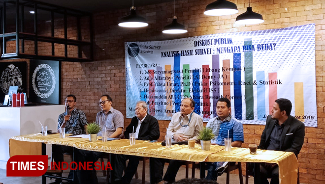 Diskusi bertajuk 'Analisis Hasil Survei: Mengapa Bisa Beda?' di kawasan Menteng, Jakarta Pusat, Selasa (26/3/2019). (FOTO: Rahmi Yati Abrar/TIMES Indonesia)
