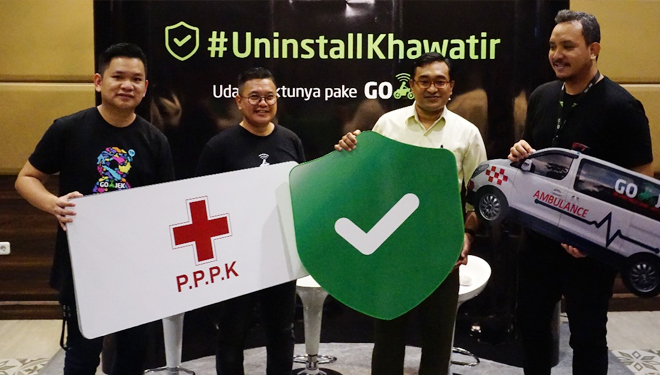 Gojek mengumumkan kerjasama dengan ACT dan RS Katolik RKZ Surabaya untuk meminimalisir resiko kecelakaan di jalan bagi mitra driver, Kamis (4/4/2019).(Foto : Istimewa)