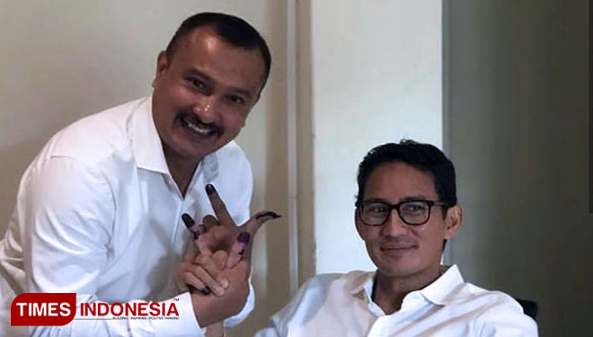 Juru Bicara Badan Pemenangan Nasional (BPN), Duet Prabowo-Sandi, Ferdinand Hutahaean dan Cawapres 02 Sandiaga Uno (FOTO: Edi Junaidi ds/TIMES Indonesia)