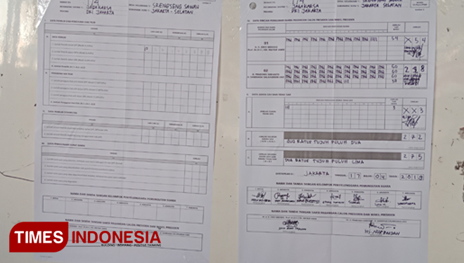 Hasil penghitungan suara di TPS 174 Srengseng Sawah Jaksel. (Foto: Rahmi Yati Abrar/TIMES Indonesia)