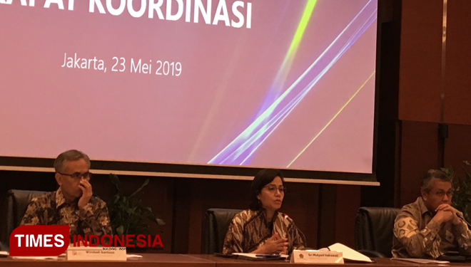 Menteri Keuangan Sri Mulyani dalam konferensi pers di kementerian keuangan (Kemenkeu) Jakarta Pusat, Kamis (23/5/2019) (FOTO: Edy Junaidi DS/TIMES Indonesia)