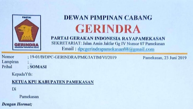 Surat somasi yang dikeluarkan DPC Partai Gerindra kepada Ketua KPU Pamekasan. (FOTO: Istimewa)