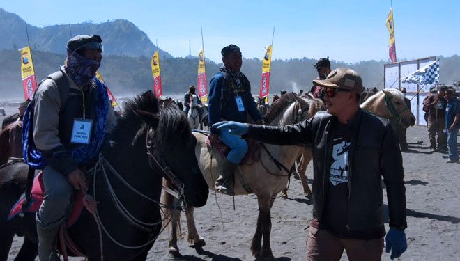 Peserta mempersiapkan kuda dalam lomba balap kuda di Lautan Pasir Gunung Bromo. (foto: Istimewa)