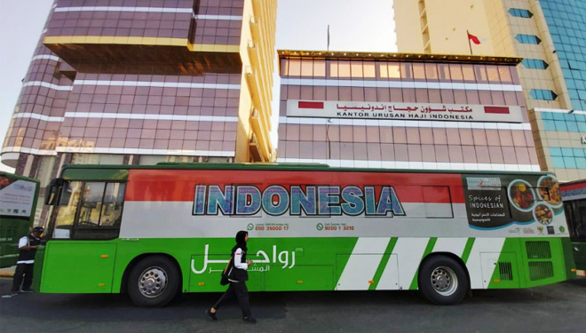 Bus shalawat yang disiapkan pemerintah untuk melayani JCH Indonesia selama di Makkah. (FOTO: Kemenag RI) 