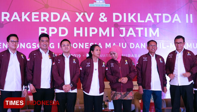 Rakerda XV dan Diklatda II HIPMI Jatim 2019 dihadiri oleh Menteri BUMN Rini Soemarno dan Gubernur Jatim Khofifah Indar Parawansa, Selasa (16/7/2019).(Foto: Lely Yuana/TIMES Indonesia)