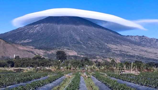 The natural phenomenon: Rinjani Mountain was covered by cloud which looks like cap on top of it. (Source: Twitter @suryadelalu)