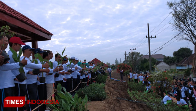 Wali Kota Madiun H Maidi menanam kembang kertas di area Taman Lalu Lintas Kota Madiun. (Foto: Yupi Apridayani/TIMES Indonesia)