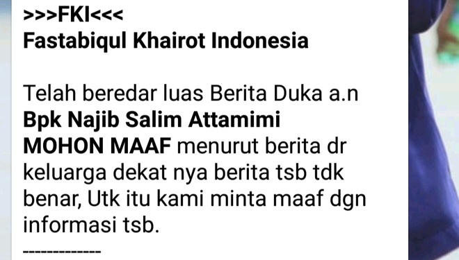 Klarifikasi atas Informasi Meninggalnya Najib Attamimi. (FOTO: Screenshot)