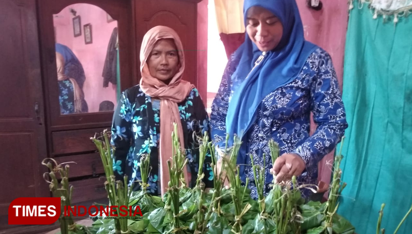 Pengrajin tape, Mak Ning bersama ibu kades Tawaran, Afifatus Sofiyah Arief, sedang menata persiapan grebek 5000 tape, Sabtu (31/09/2019). (Foto: Ahmad Istihar TIMESIndonesia)