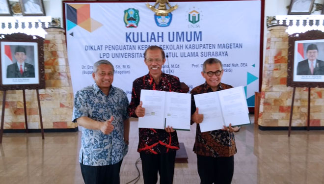 (ki-ka) Prof Moh Nuh, Bupati Magetan Suprawoto, dan Prof Achmad Jazidie, Minggu (15/9/2019).(Foto : Istimewa)