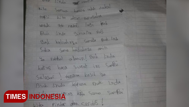 Isi surat sesal siswa kelas II MI ke Gurunya karena lima hari tak masuk (FOTO: Moh Bahri/TIMES Indonesia)