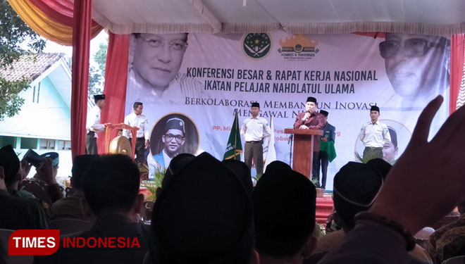 Sambutan Sekjend PBNU Helmy Faishal Zaini di acara Konbes dan Rakernas IPNU 2019, (FOTO: Pauzan Basri/TIMES Indonesia) 