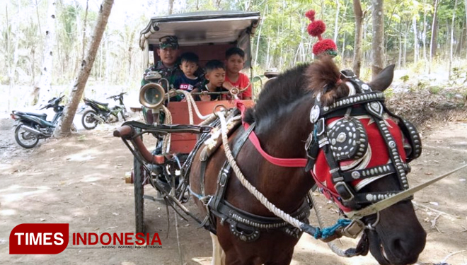 Hati Senang, Naik Delman Bersama Serka Yatiman Di Lokasi Obwis Krama Cenil. (FOTO: AJP/TIMES Indonesia)