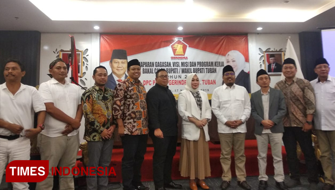Panitia DPC Partai Gerindra Tuban, menggelar Fit And Propertest pemaparan Visi Misi Bacabup 2020 yabg telah mendaftar,Minggu (17/11/2019). (Foto: Ahmad Istihar/TIMES Indonesia)