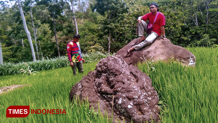 Warga bersama komunitas pelestari budaya saat menunjukkan lokasi Arca Garuda di Desa Manjung, Kabupaten Magetan, Minggu (8/12/2019). (Foto: M Kilat Adinugroho/TIMES Indonesia)