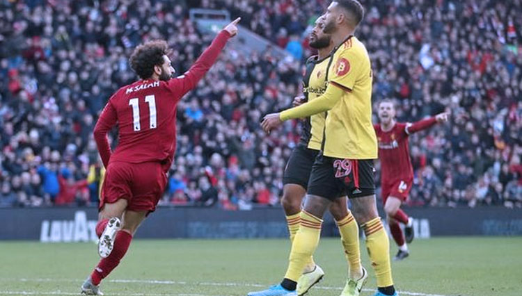 Selebrasi Mohammed Salah setelah mencetak gol ke gawang Watford. (FOTO: express.co.uk)