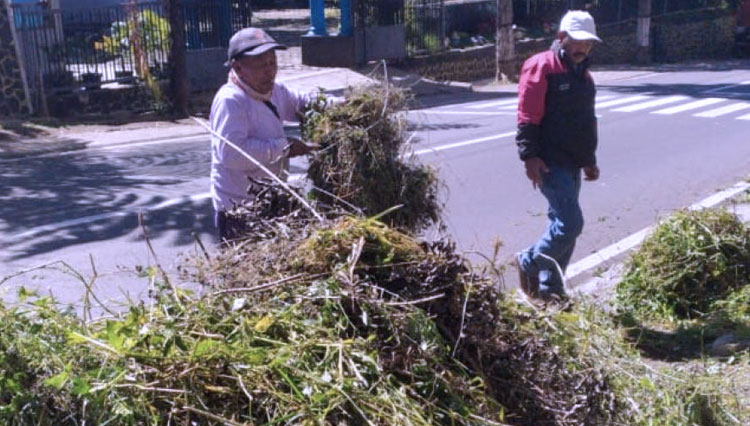 Foto rombongan RCL dan Reaksi Cepat Tim Penyapu jalan membersihkan rumput liar depan Hotel Victory.